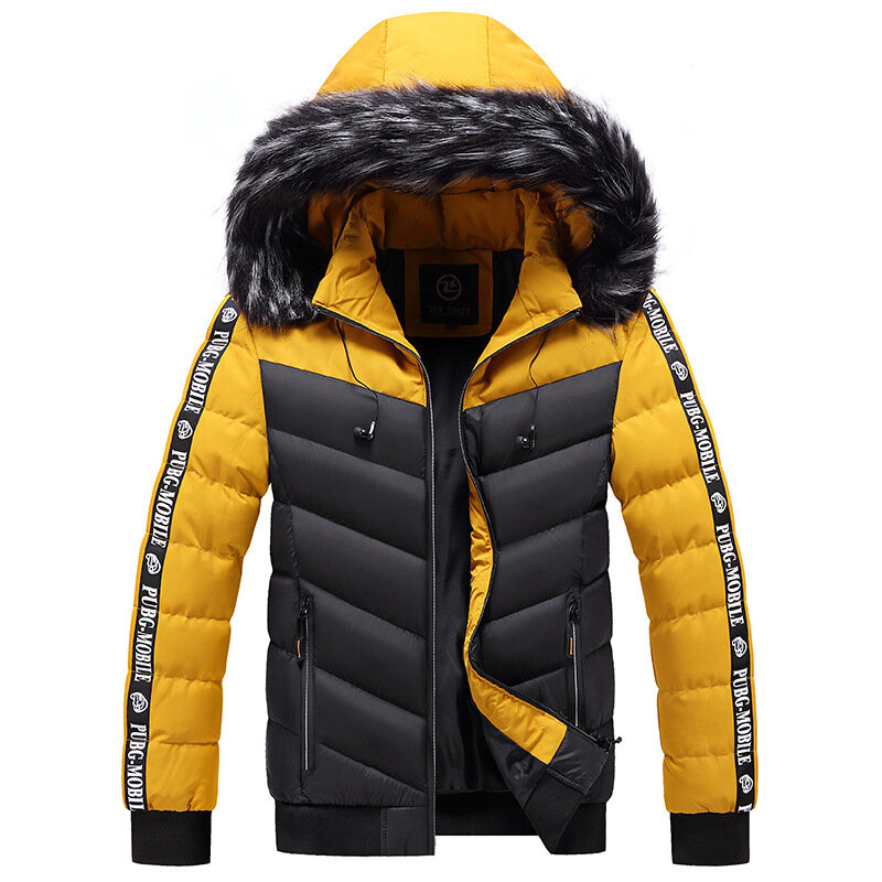 Moletom impermeável com gola de pele jovem, jaqueta casual quente, jaqueta fina de contraste grosso e quente, inverno de alta qualidade
