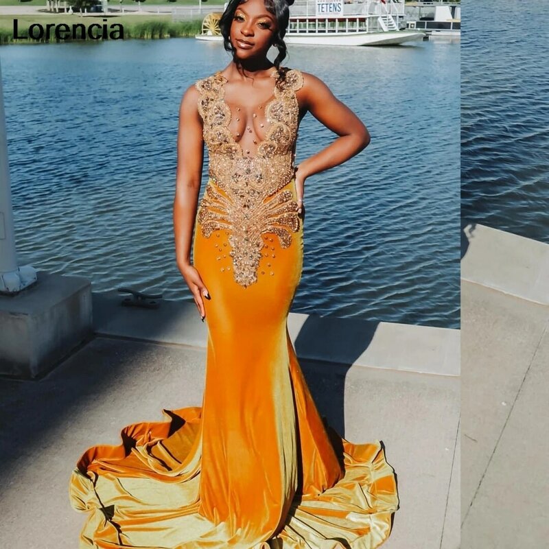 Lorencia abito da ballo con diamanti in velluto arancione 2024 per ragazze nere abiti da Gala per feste con strass in cristallo dorato Vestido YPD128