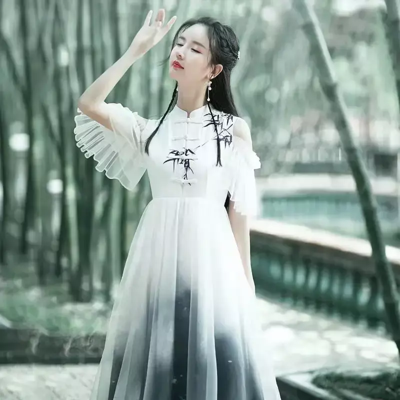 Hanfu gaun tradisional untuk wanita, kostum tari Dinasti Tang kuno gaya China cantik