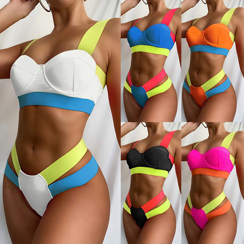 Stroje kąpielowe damskie Ellolace seksowne stroje kąpielowe Patchwork Bikini 2020 kobieta Push up Biquini Neon Bikini strój kąpielowy garnitury 2021