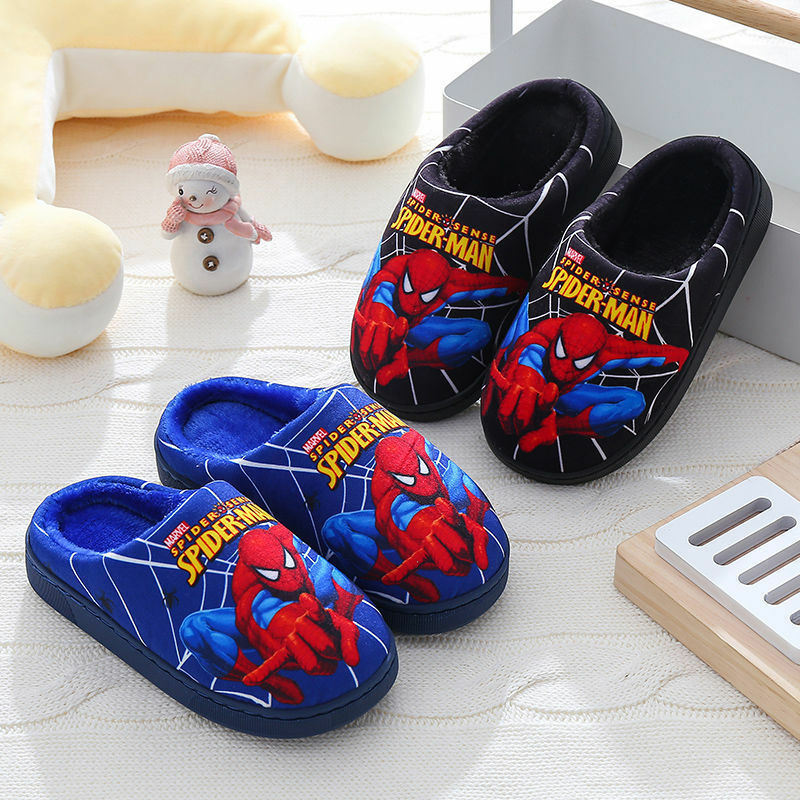 Zapatos con patrón de Spider Man para niños, Zapatillas de algodón con dibujos animados, terciopelo para calentar, uso doméstico adecuado