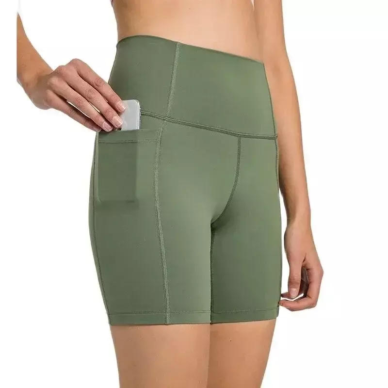 Lemon Biker celana pendek Yoga Gym pinggang tinggi melar celana pendek olahraga Fitness atletik kontrol perut wanita dengan saku samping