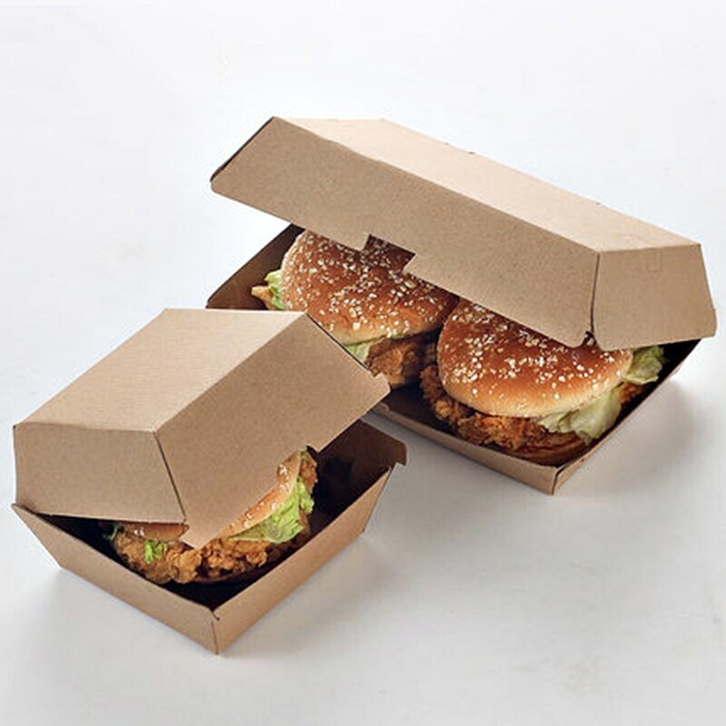 Produk kustom grosir kotak kemasan Burger kemasan Hamburger kardus kelas makanan sekali pakai