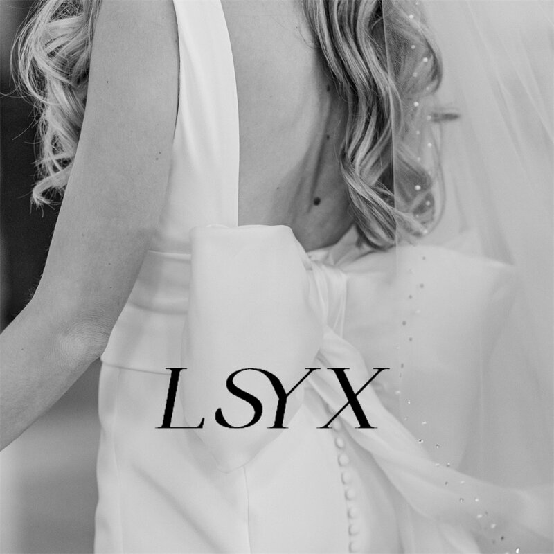 LSYX 딥 V넥 민소매 크레페 하이 사이드 슬릿 인어 웨딩 드레스, 오픈 백 활 코트 트레인 신부 가운, 맞춤 제작