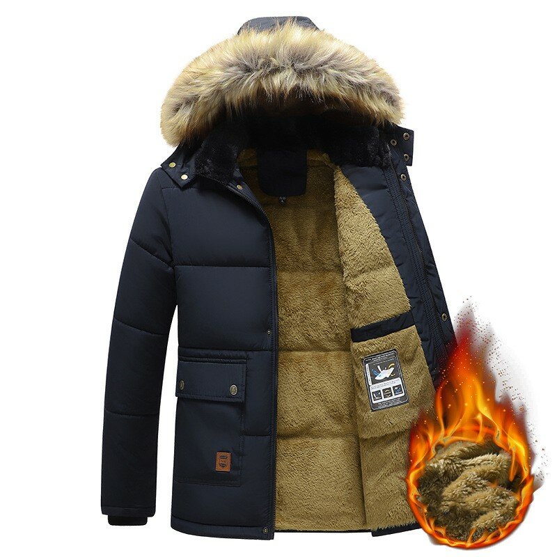 Collo di pelliccia invernale da uomo parka caldo spesso foderato in pile antivento giacca con cappuccio rimovibile capispalla in cotone maschile cappotti giacca Casual