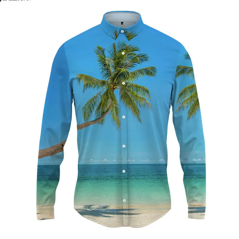 하와이 코코넛 나무 단추 셔츠 및 블라우스, 3D 프린트 셔츠, 긴팔 셔츠, 스트리트 패션, 용수철 및 가을, 하이 퀄리티 신상