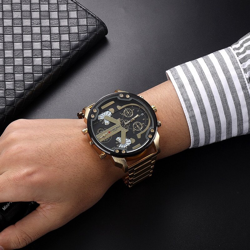 Cool Watches for Men Luxury Steel Band Large Dial Dual Time Quartz Wristwatches Date Male Clock Relogio Masculino Drop Shipping