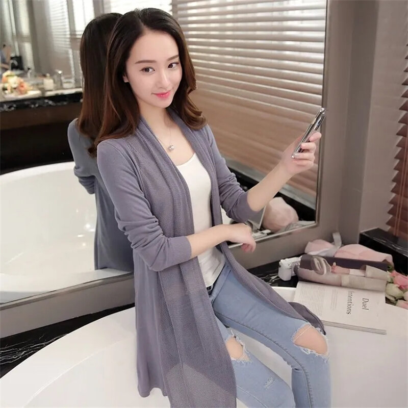 Thin Sunscreen Mid-length Knitted Cardigan Loose Casual Summer Shawl Hollow Out Long Sleeve Korean Tops Lightweight Women Coats