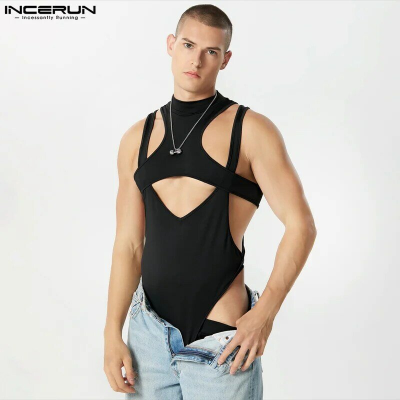 Incerun Heren Onregelmatige Bodysuits Solide Uitgeholde Sexy Coltrui Mouwloze Rompertjes Heren Streetwear 2024 Mode Bodysuit S-3XL