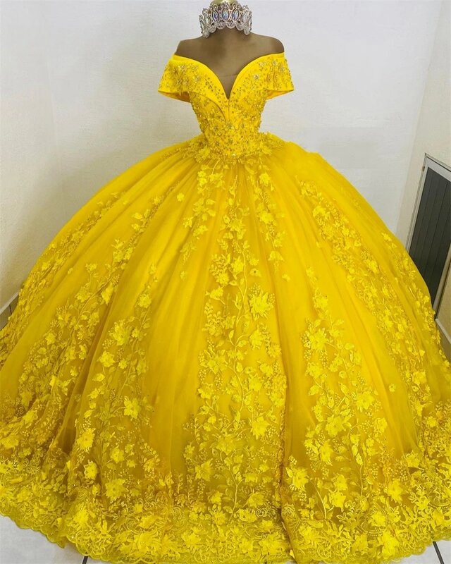 Żółta księżniczka Quinceanera ubiera suknię balową z odkrytymi ramionami koronkowe koraliki słodkie 16 sukienek 15 Años meksykańskie