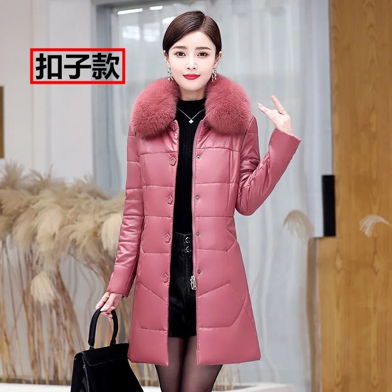 New Winter Leather Jacket Women's Overcoat Loose Thicke Warm Parker Coat Length Detachable Fur Collar Leather Cotton-Padded Coat