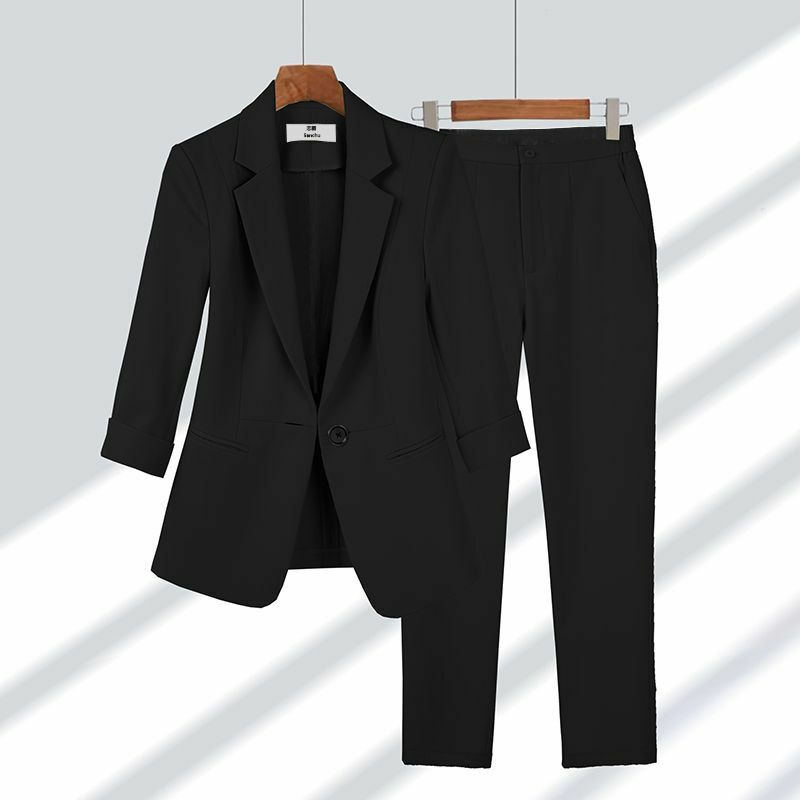 Jaket tipis baru musim panas 2023 Blazer celana kaki lebar kasual Set dua potong celana wanita elegan pakaian kantor pakaian bisnis