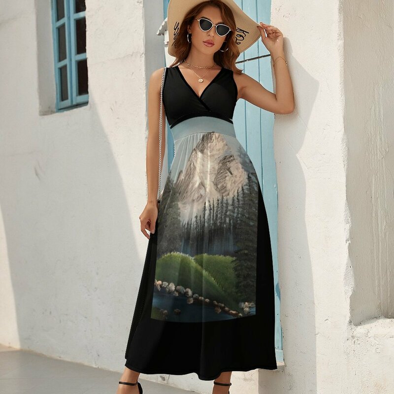 오일 페인트 밥 로스 영감을 받은 화려한 풍경 민소매 드레스, 여성 2023, 여름 드레스
