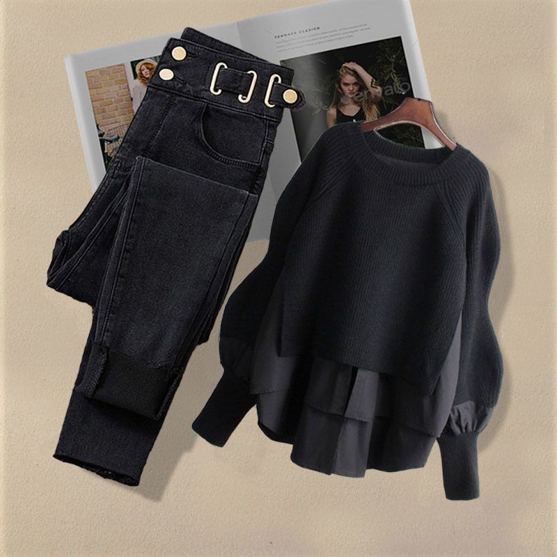Conjunto de jeans emagrecedor grande feminino, top de duas peças falso, estação nova moda, primavera e outono, 2024