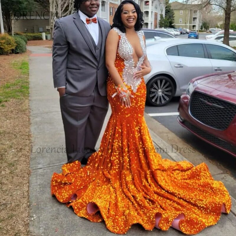 Orange Crystal Long Prom Dresses 2024 For Black Girls Sparkly Rhinestones Beading Evening Party Gown Formal vestidos de gala