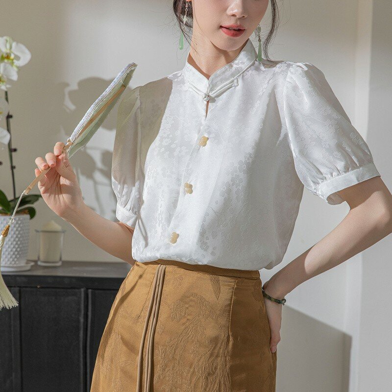 Koszula na co dzień w stylu chińskim z krótkim rękawem damska nowa 2024 lato Vintage stójka podstawowa damska eleganckie topy koszule W1760