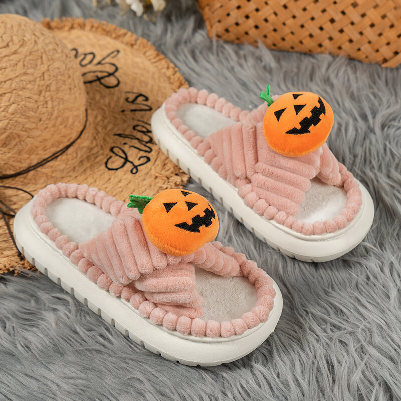 Women's slippers Suede cross Fall/Winter Limited Halloween pumpkin head comfortable flat plus-size slippers