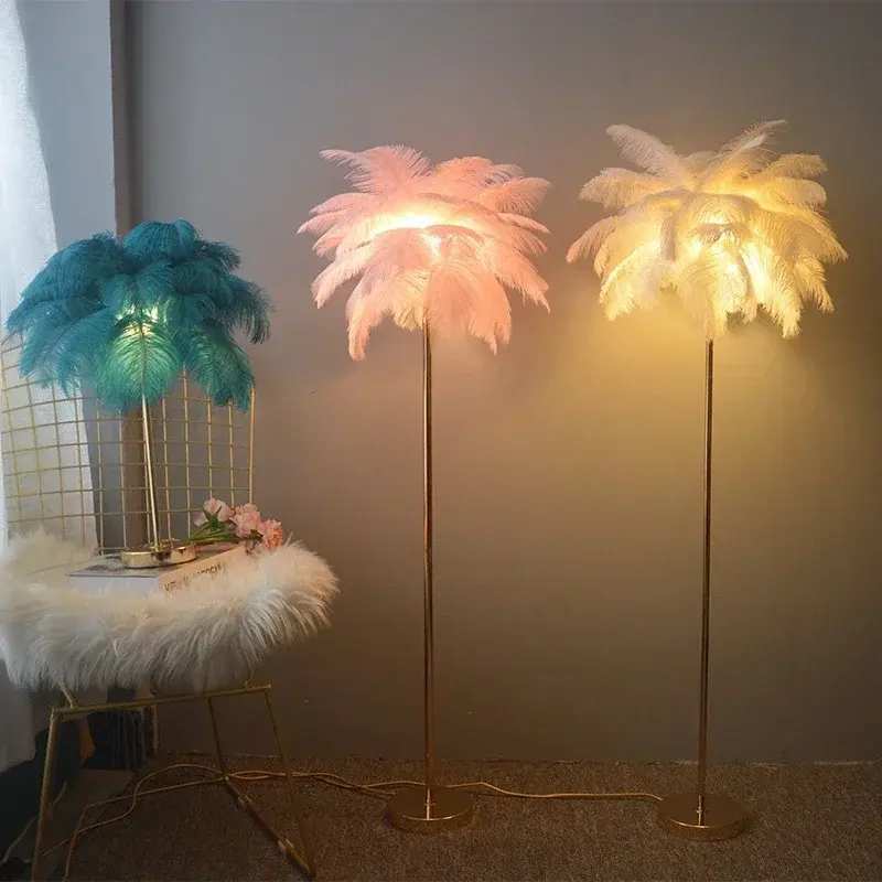 Branco LED avestruz pena lâmpada de assoalho, decoração nórdica, luzes stand, lâmpadas de cabeceira, quarto e sala