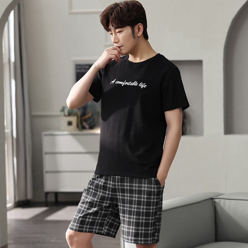 Full pure cotton pajamas men's summer thin section short-sleeved o-neck large size 4XL casual wearable youth home service suit