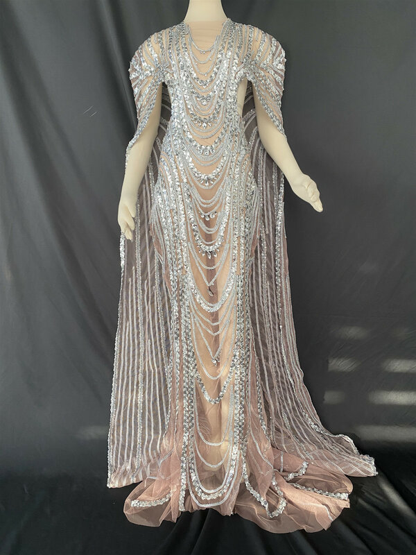 Серебряное платье с блестками на день рождения, искусственное платье, прозрачная сетчатая одежда, Женская сценическая одежда Fengshui