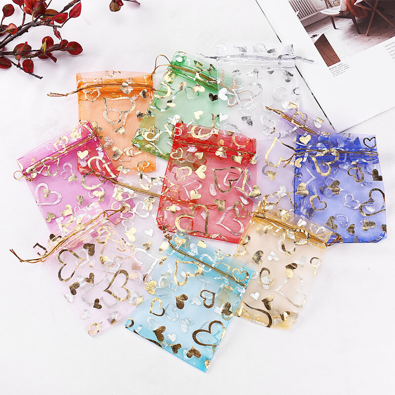 Bolsas de Organza Multicolor, 13x18cm, con estampado de corazón, embalaje de exhibición de joyería, dulces, con cordón, 100 unids/lote, Envío Gratis