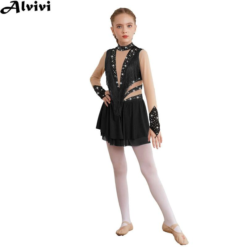 6-16Y ragazze manica lunga pattinaggio artistico vestito danza lirica balletto latino Cha-Cha Costume nappa strass maglia trasparente Dancewear