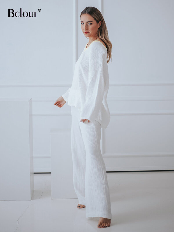 Hiloc Elegant White Cotton Pants Sets Sleepwear Women 2024 Fashion Patchwork V-Neck Loose Tops Casual Trousers Pajamas Female