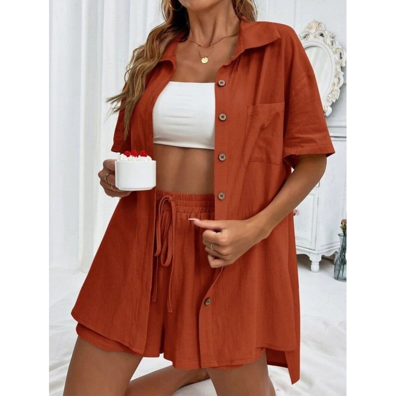 Solid Color Casual Loose Short Pants Sets For Women 2024 Elegant Summer Women's Two Pieces Suit Full Set Female Outfit Clothes