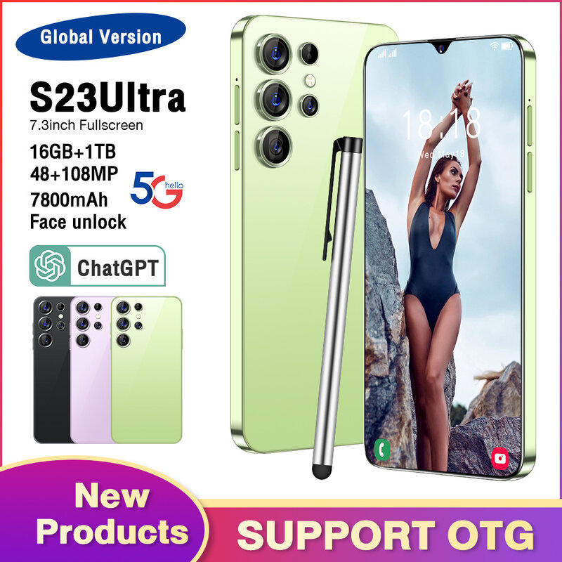 Smartphone Original 5G S23 Ultra, Smartphone con pantalla HD de templado, desbloqueo de huellas dactilares, batería de 512 mAh, cámara HD, 16 GB + 6800 GB