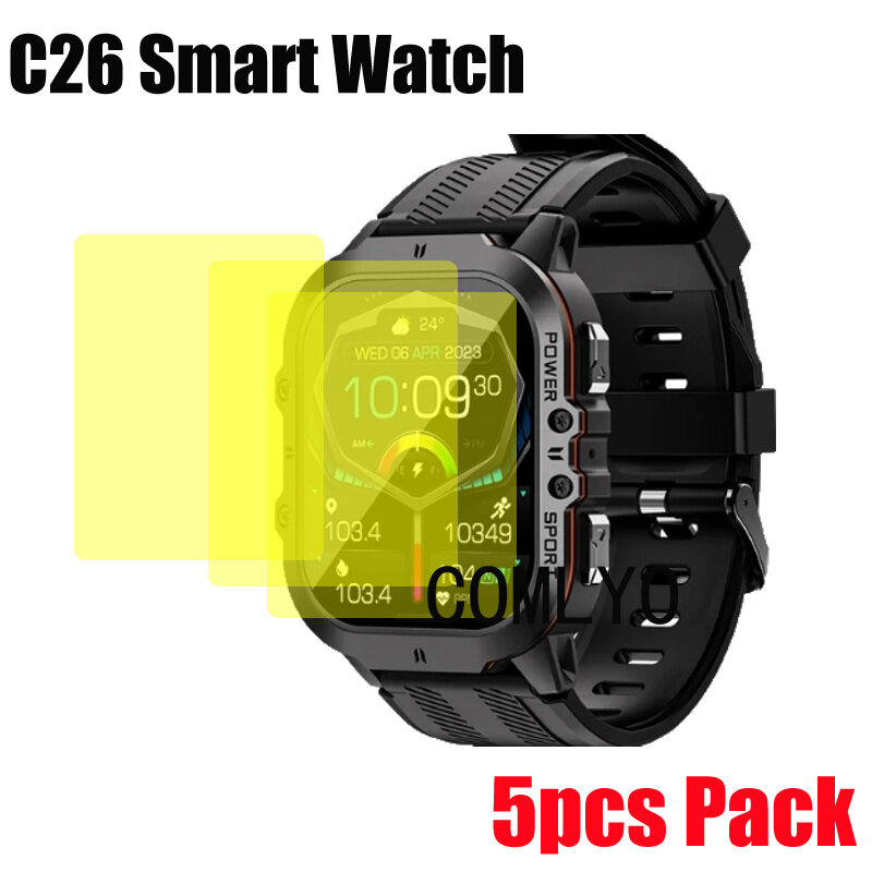 Película protetora de tela para relógio inteligente c26, hd, tpu, 5pcs