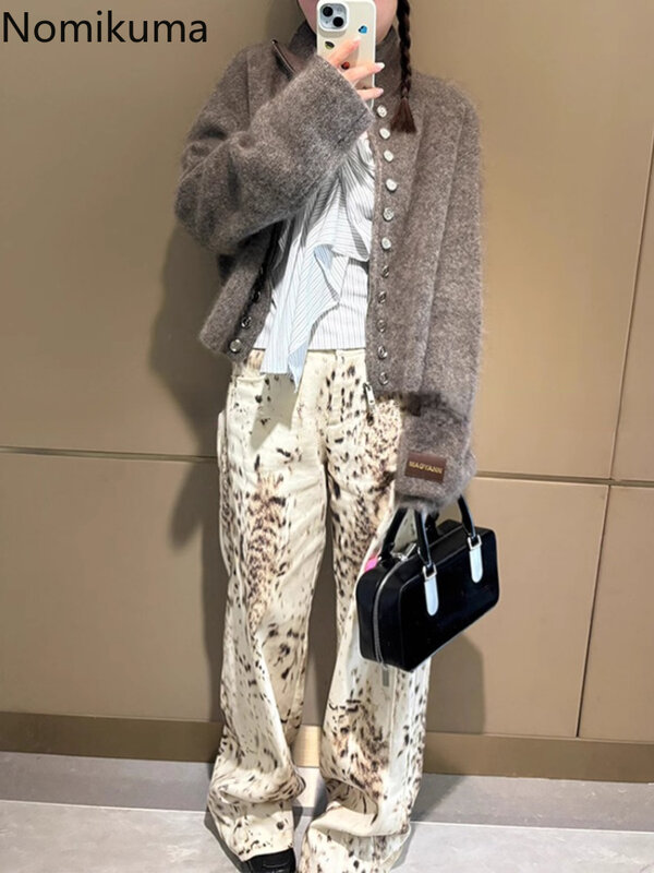 Hoch taillierte Jeans Mode Leopard y2k Hose mit weitem Bein für Frauen Streetwear lässige gerade Jeans hose koreanische Pantalon Femme