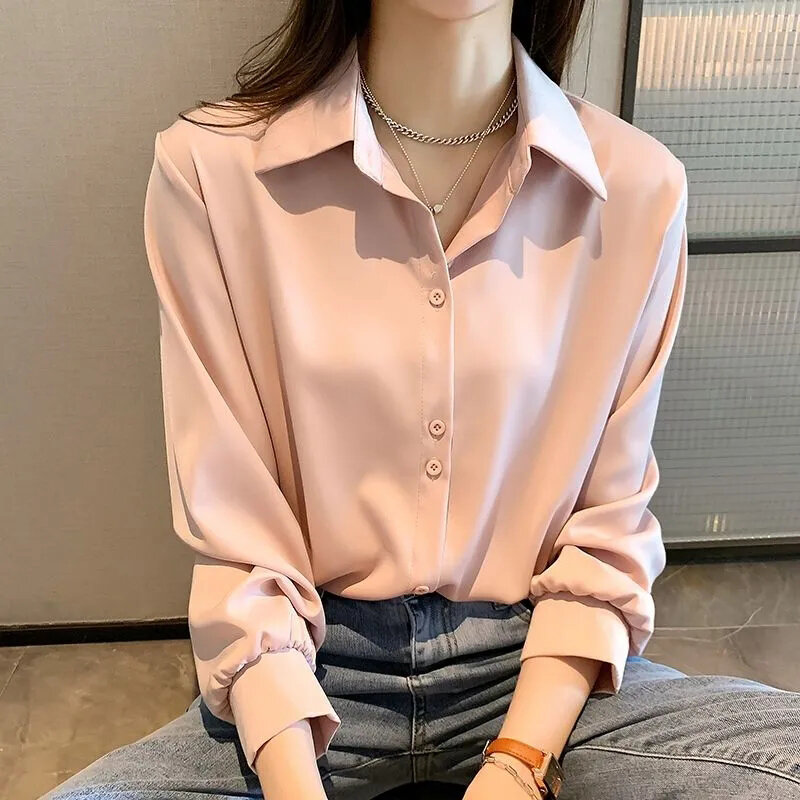 Gidyq Casual Chiffon Shirt Women Korean Fashion Loose Office Ladies Long Sleeve Summer All Match Solid Female Lapel Top New