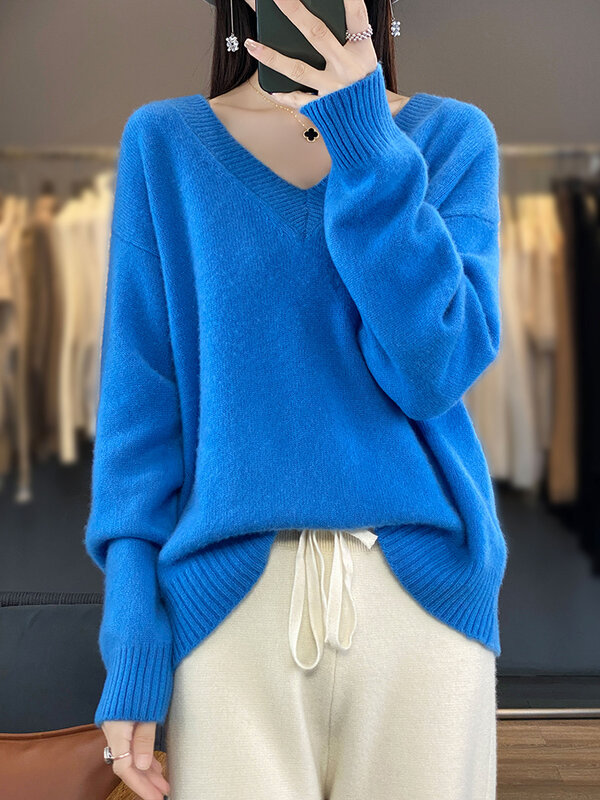 Nowe damskie sweter na co dzień z dekoltem w szpic wiosna jesień zima 100% wełna merynosów jednolita miękki kaszmir dzianina koreańska stylowe topy