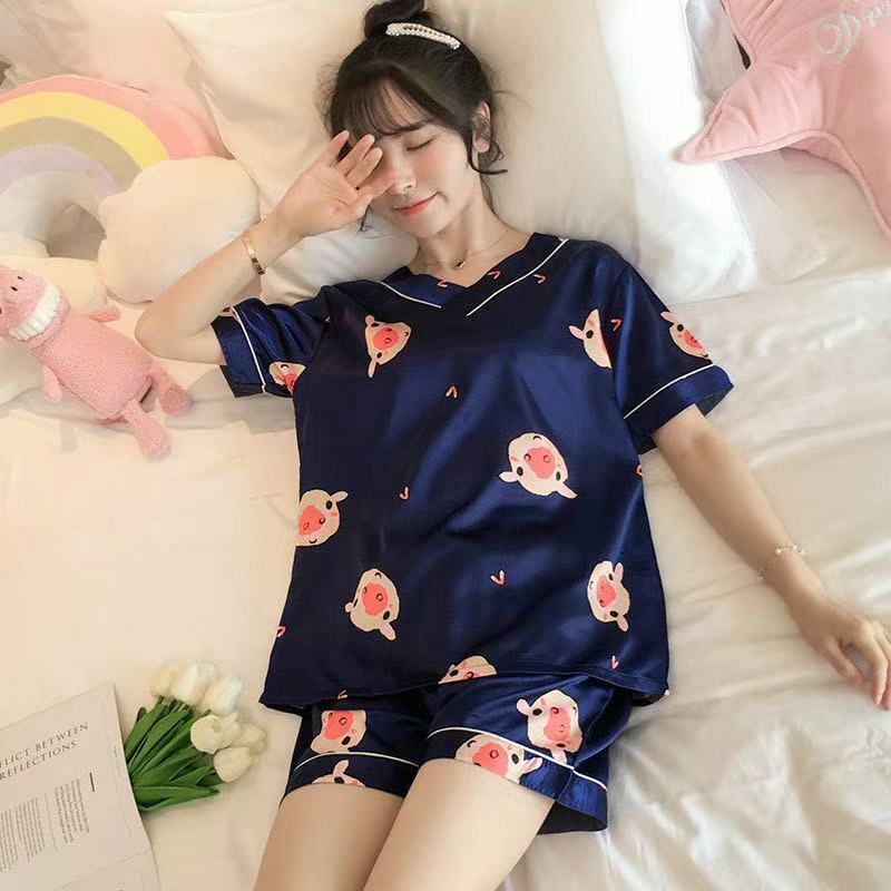 Frauen Pyjamas Sets Weibliche Pyjama Satin Seide Pijama V-ausschnitt Kurzarm Shorts Anzug Sommer Nachtwäsche Loungewear Hause Kleidung