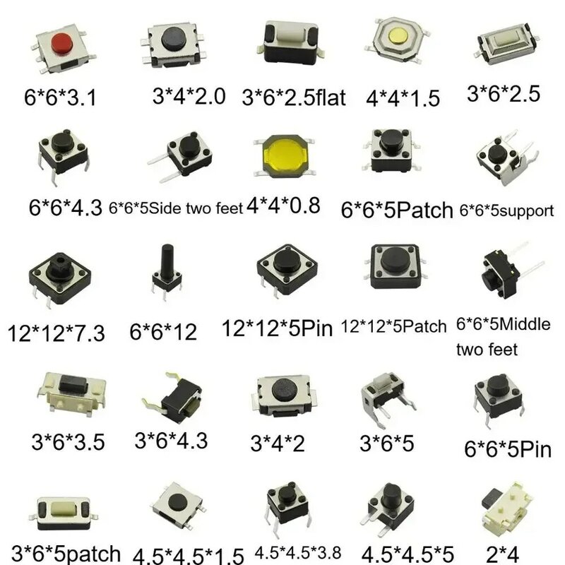 250pcs/box Micro Switch Assorted Push Button Tact Switches Reset 25Types Mini Leaf Switch SMD DIP 2*4 3*6 4*4 6*6 Diy Kit