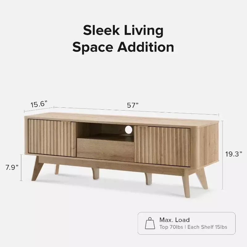 Mid-Century Modern TV Stand, for TVs Up To 50” Waveform Panel, Sleek Curved Profile with Adjustable Shelf