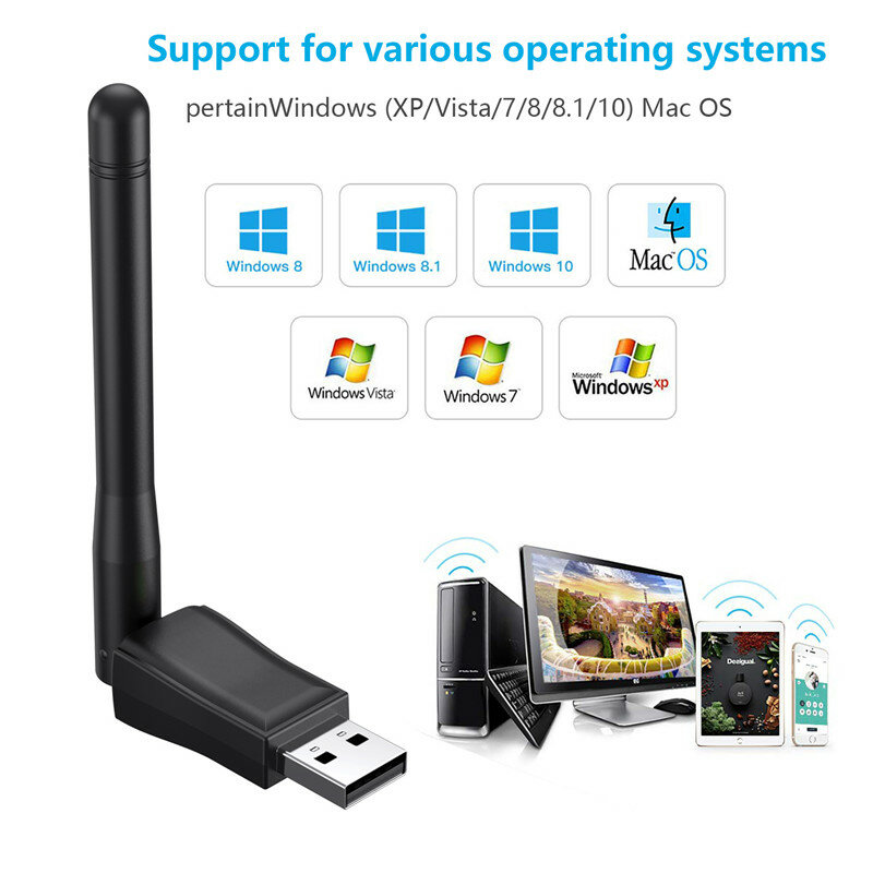 Mini adaptador WiFi USB de 150Mbps, tarjeta de red inalámbrica de 2,4 GHz, Dongle receptor con antena 802,11 b/g/n para PC y portátil