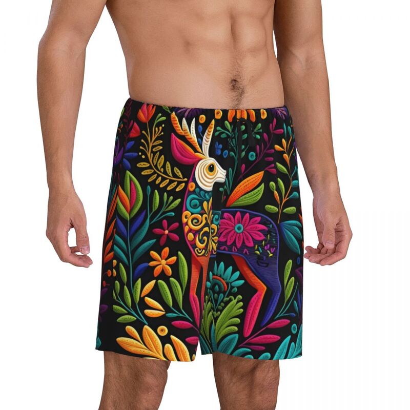 Arte masculina padrão pijama Shorts, personalizado impresso, flores mexicanas, bordado Otomi, pijamas do sono, pijamas com bolsos
