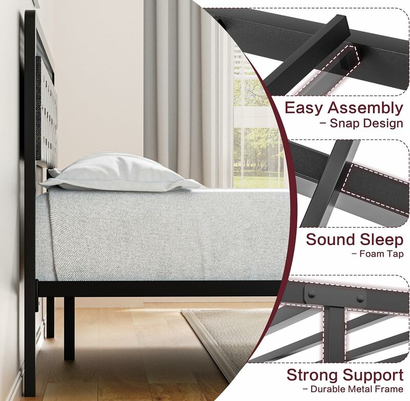 โครงเตียงพร้อมไฟ LED และลิ้นชัก2อันเตียงแพลตฟอร์มโลหะพร้อมหัวเตียงแบบมีกระดุมแผ่นโลหะแข็งแรงไม่ต้องใช้สปริงกล่อง