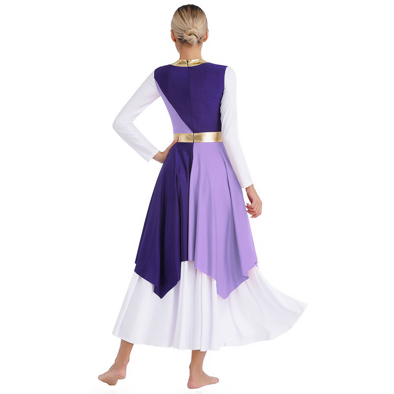 Women Lyrical Dance Costume Color Block Praise Liturgical Church Worship Choir Dress Irregular Hem Dress for Modern Dancewear