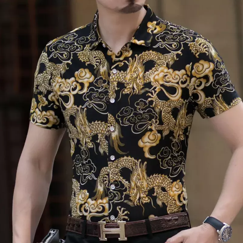 Męska koszula z krótkim rękawem modny nadruk dorywczo oddychająca wygodna letnia koszula z krótkim rękawem