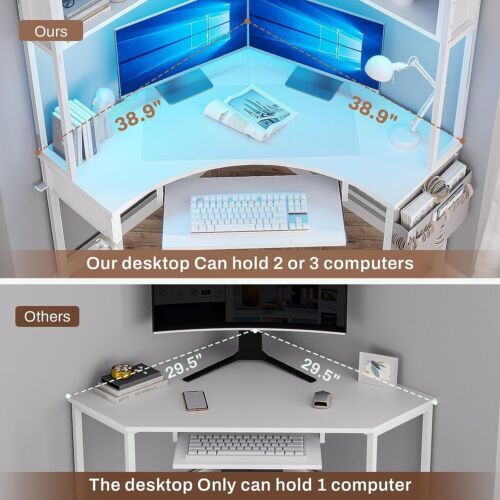 39" L Shaped Corner Desk Computer Home Office Desk Gaming Table with LED Lights