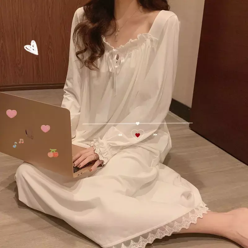2024 New Everyday Casual Thin Milk Shredded Pajama Women's Set Homewear Girl Cute Long Sleeve Lace Nightdresses
