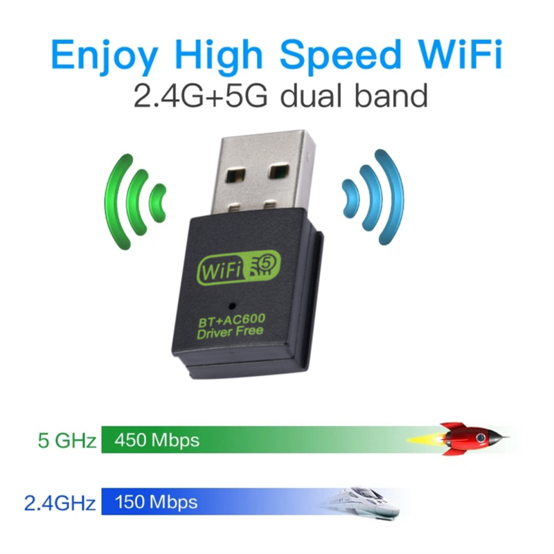 Adattatore Bluetooth WiFi USB da 600Mbps Dual Band 2.4/5.8Ghz ricevitore esterno Wireless Mini Dongle WiFi da 150Mbps per Laptop/Desktop