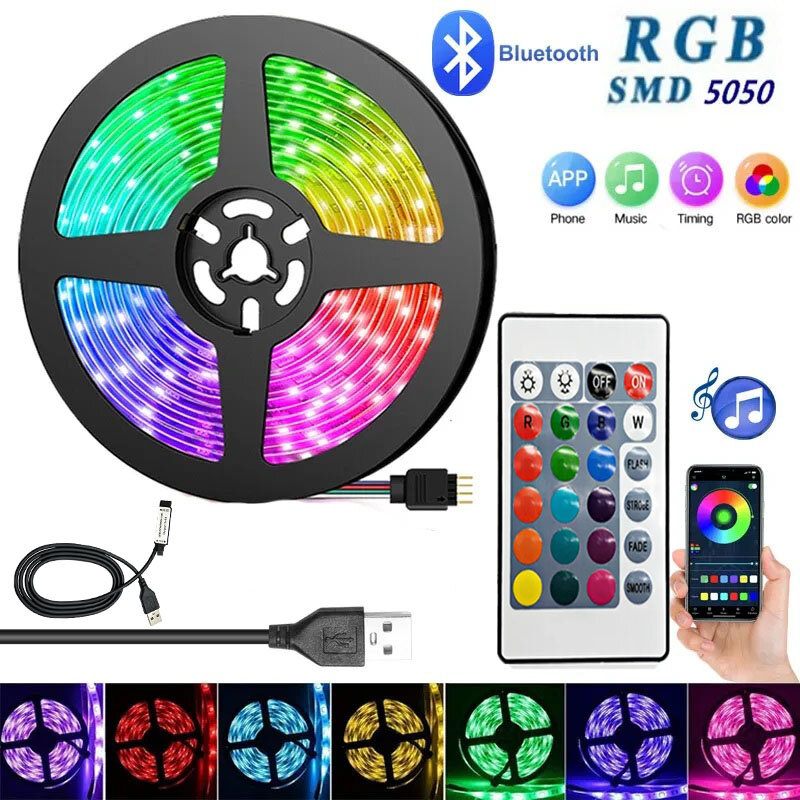 Smart LED Strip Lights com controle Bluetooth, RGB Music Sync Lights, Lâmpada USB flexível, Fita para decoração de quarto, TV Backlight