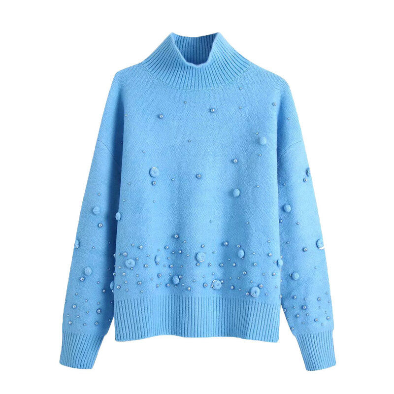 Модный пуловер с высоким воротником и жемчужинами, Женский шикарный свитер в рубчик с длинным рукавом, зима 2024, теплая утепленная женская Свободная трикотажная одежда
