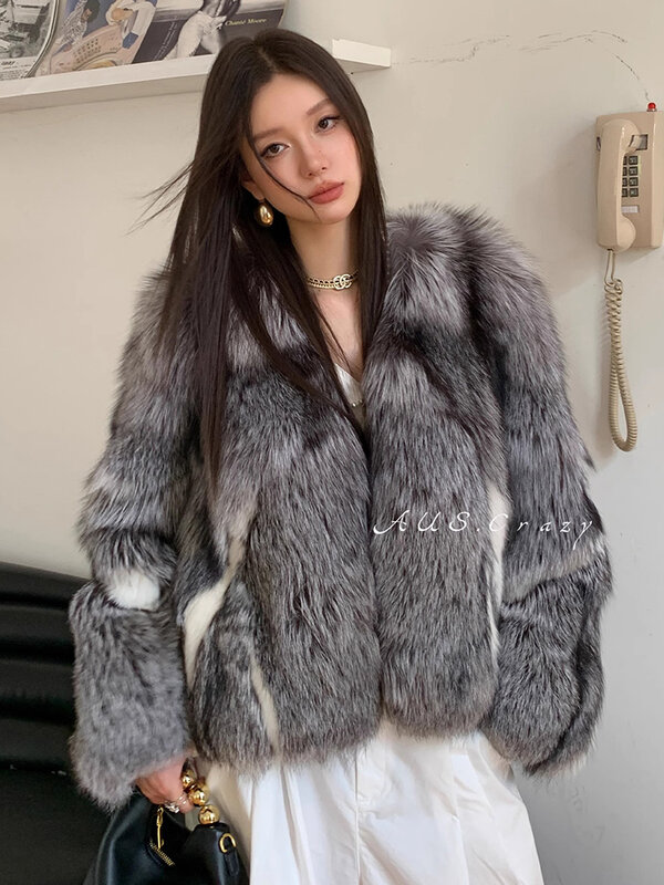 Luxury Genuine Leather Silver Fox Fur Jacket for Women 2024 New High-end Contrast Design Short Winter Fluffy Real Fur Coats