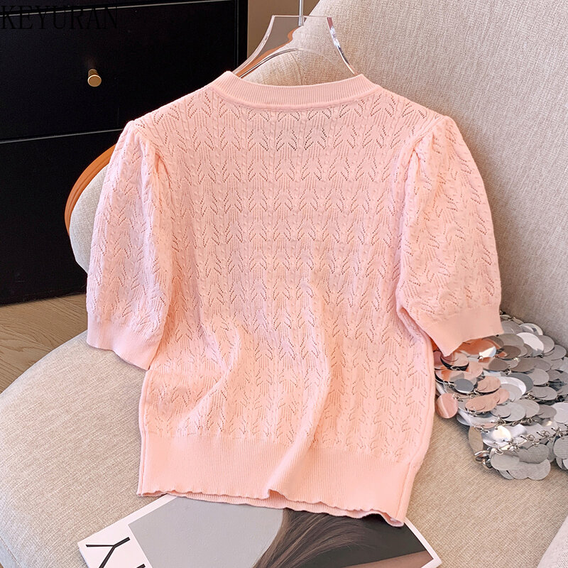 Suéter de manga corta con cuentas de pétalos finos para mujer, camisetas de punto, Jersey francés suave, camisetas de punto, 2024