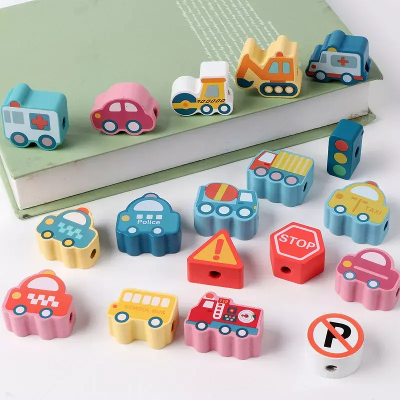 DIY Mainan Kayu Montessori Kartun Hewan Buah Geometri Blok Merangkai Manik-manik Mainan Threading Manik-manik Manik-manik Manik-manik Permainan