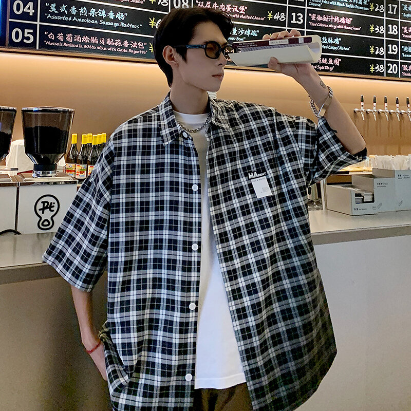 Camisa de manga curta vintage masculina lapela casual xadrez extragrande, camisas Cityboy soltas, streetwear coreano, roupas de verão, novo, 2022